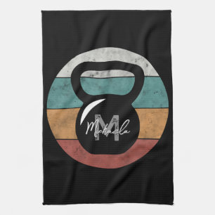 Vintage kettlebell custom monogram name initial tea towel
