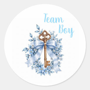 Vintage Key Blue Ribbon Team Boy Gender Reveal Classic Round Sticker