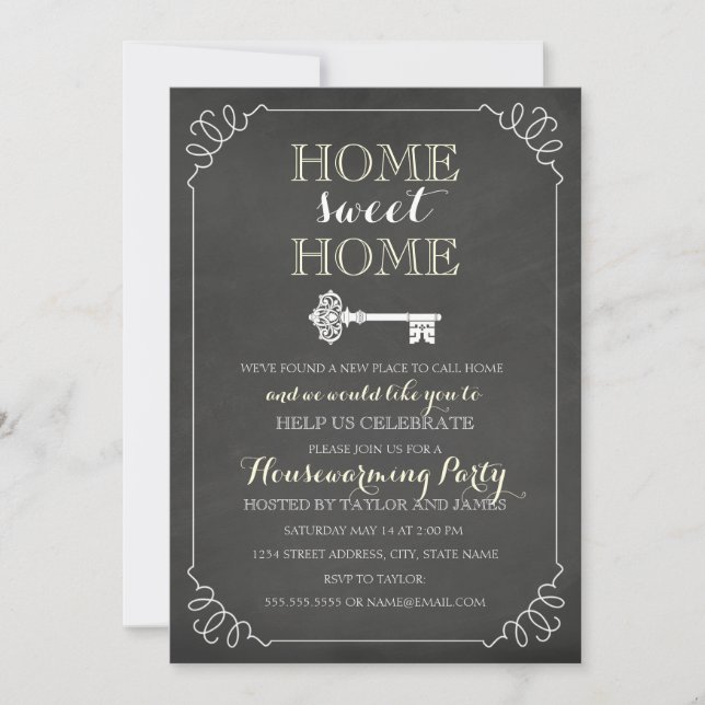 Vintage Key Chalkboard Housewarming Invite (Front)
