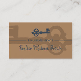 Vintage Key Real Estate Navy Brown Business Card