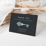 Vintage Key | Realtor or Real Estate Business Thank You Card<br><div class="desc">Send your thanks to your clients and the community, and announce your reopening, with these elegant branded cards for realtors, real estate firms, and property management companies. Design features modern white lettering on a soft black background accented with a vintage skeleton key illustration in faux aqua foil. Personalize the front...</div>