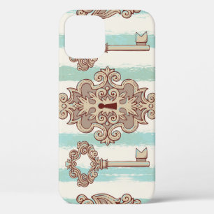Vintage keys, locks: freehand pattern. iPhone 12 case