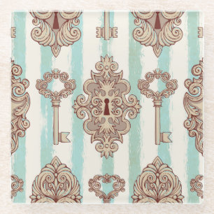 Vintage keys, locks: freehand pattern. glass coaster