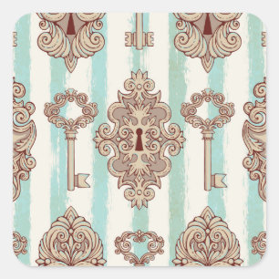 Vintage keys, locks: freehand pattern. square sticker