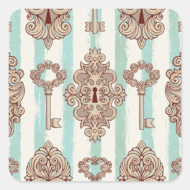 Vintage keys, locks: freehand pattern. square sticker (Front)