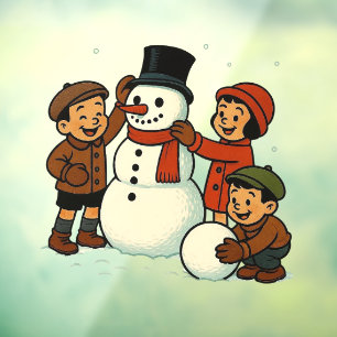 Vintage kids building snowman