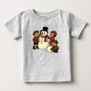 Vintage kids building snowman baby T-Shirt