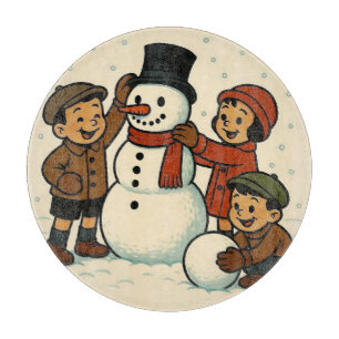 Vintage kids building snowman cutting board