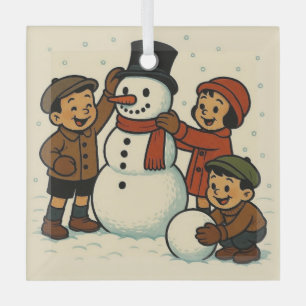 Vintage kids building snowman glass tree decoration