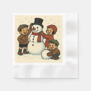 Vintage kids building snowman napkin