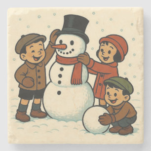 Vintage kids building snowman stone coaster