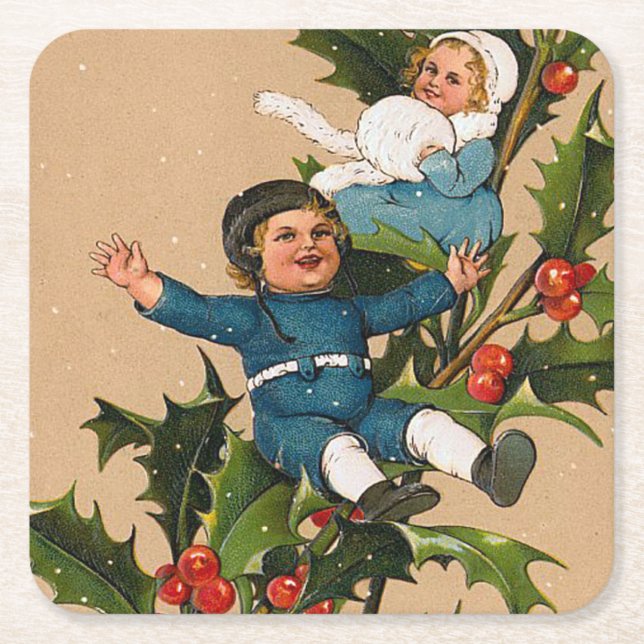 Vintage Kids on Christmas Holly Square Paper Coaster (Front)