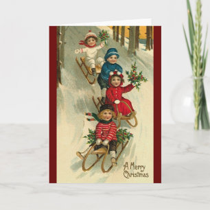 vintage kids on sleigh christmas holiday card