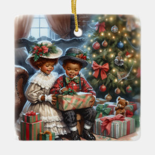 Vintage Kids Opening Christmas Presents Ceramic Ornament