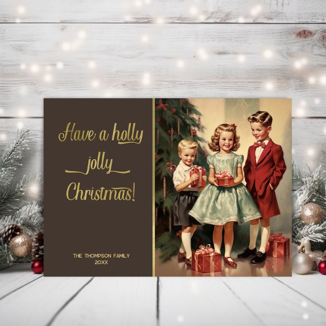 Vintage kids with presents holiday card (Creator Uploaded)