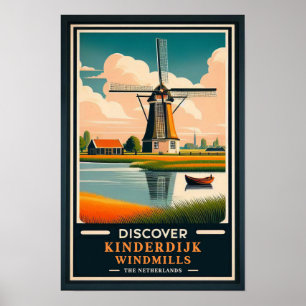 Vintage Kinderdijk Windmills Travel Poster
