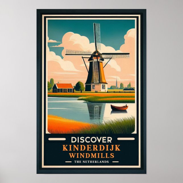 Vintage Kinderdijk Windmills Travel Poster (Front)