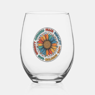 Vintage Kindness Peace Equality Flower Shirt_1 Stemless Wine Glass