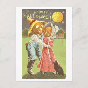 Vintage Kissing Pumpkins Halloween Postcard