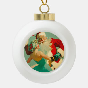 Vintage "Kissing Santa Claus" Blue Christmas   Ceramic Ball Christmas Ornament
