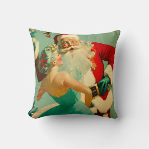 Vintage "Kissing Santa Claus" Blue Christmas   Cushion