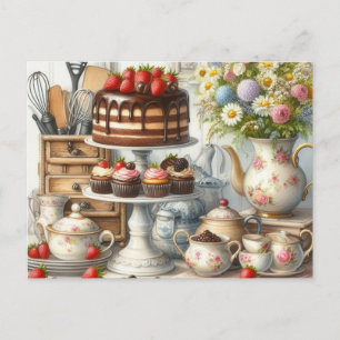Vintage Kitchen Dishes Cake and Teapot Postcard