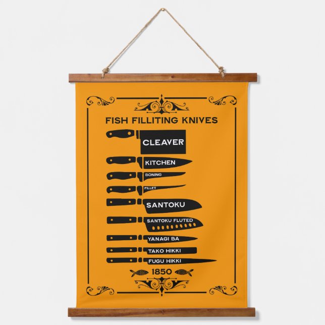 Vintage Kitchen Fish Filleting Knife Chart Hanging Tapestry (Front)