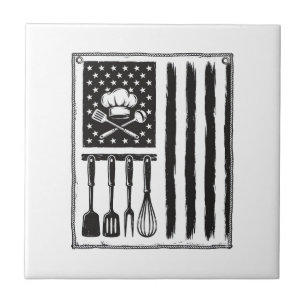 Vintage Kitchen Flag Cooking Utensils Shirt Design Ceramic Tile