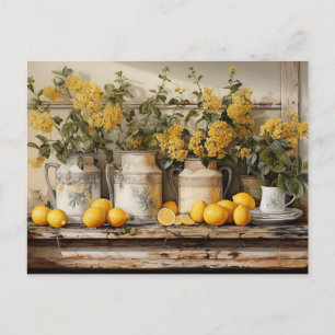  Vintage Kitchen Shelf Lemons Canisters Flowers   Postcard