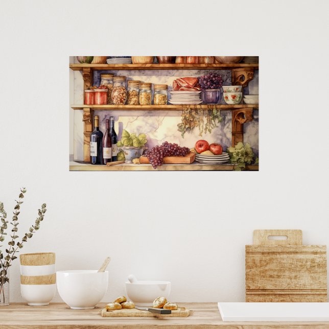 Vintage Kitchen Shelf  Wine Bottles Mason Jars Poster (Kitchen)