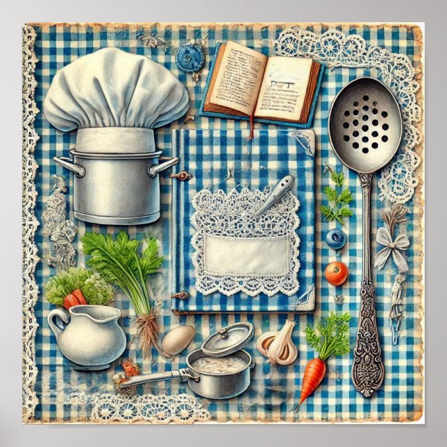 Vintage Kitchen Supplies on Blue Tablecloth Poster (Front)