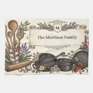 Vintage Kitchenware and Banner with Family Name Tea Towel