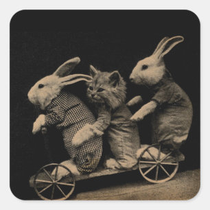Vintage Kitten and Bunny Funny photo Square Sticker