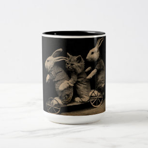 Vintage Kitten and Bunny Funny photo Two-Tone Coffee Mug
