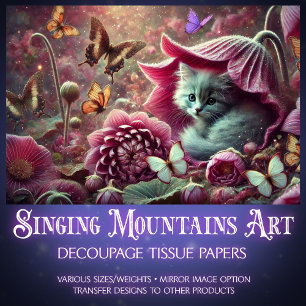 Vintage Kitten Butterfly Garden Decoupage  Tissue Paper