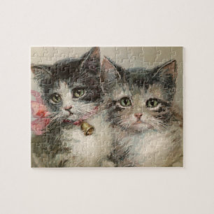 Vintage Kitten Cat Friends Pink Bow Bell Jigsaw Puzzle