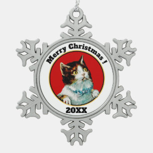 Vintage Kitten Illustration Snowflake Pewter Christmas Ornament