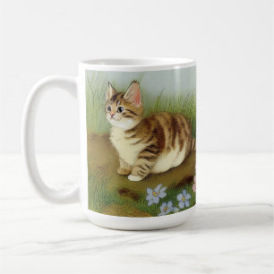 Vintage Kitten Illustration with Flowers Coffee Mug