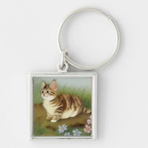 Vintage Kitten Illustration with Flowers Key Ring