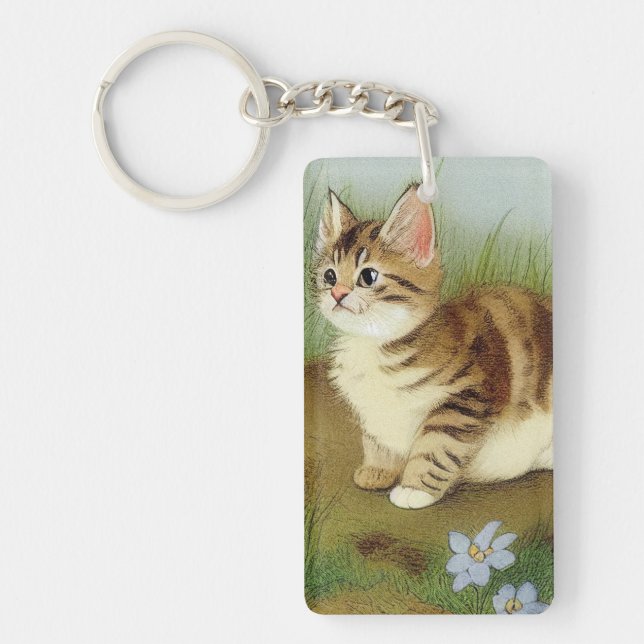 Vintage Kitten Illustration with Flowers Key Ring (Front)