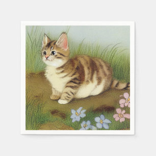 Vintage Kitten Illustration with Flowers Napkin