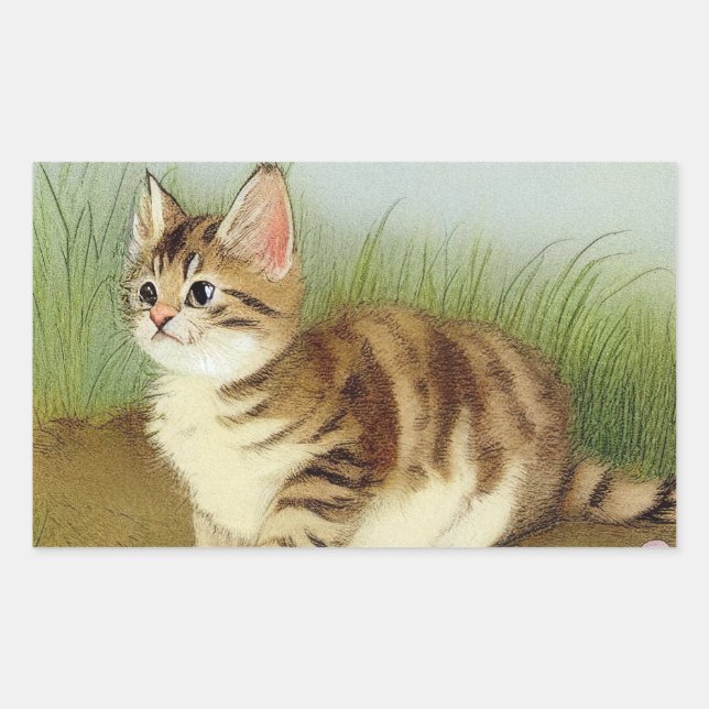 Vintage Kitten Illustration with Flowers Rectangular Sticker (Front)