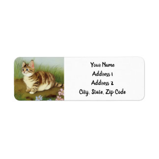 Vintage Kitten Illustration with Flowers Return Address Label
