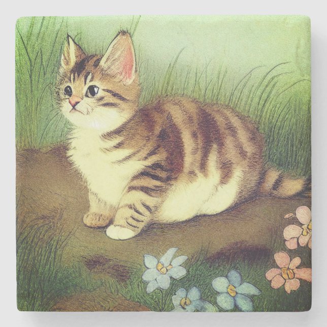 Vintage Kitten Illustration with Flowers Stone Coaster (Front)