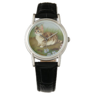 Vintage Kitten Illustration with Flowers Watch