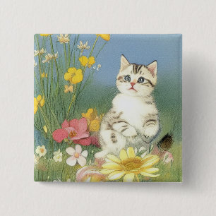 Vintage Kitten Illustration with Yellow Flowers 15 Cm Square Badge