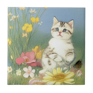 Vintage Kitten Illustration with Yellow Flowers Ceramic Tile