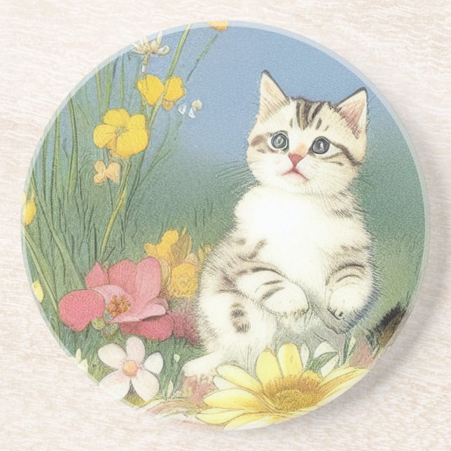 Vintage Kitten Illustration with Yellow Flowers Coaster (Front)