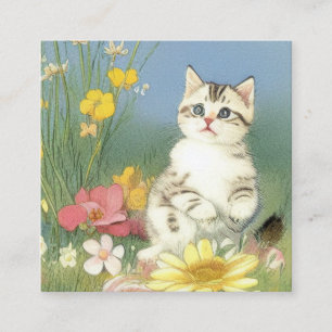 Vintage Kitten Illustration with Yellow Flowers Enclosure Card