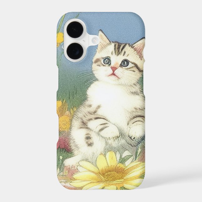Vintage Kitten Illustration with Yellow Flowers iPhone Case (Back)